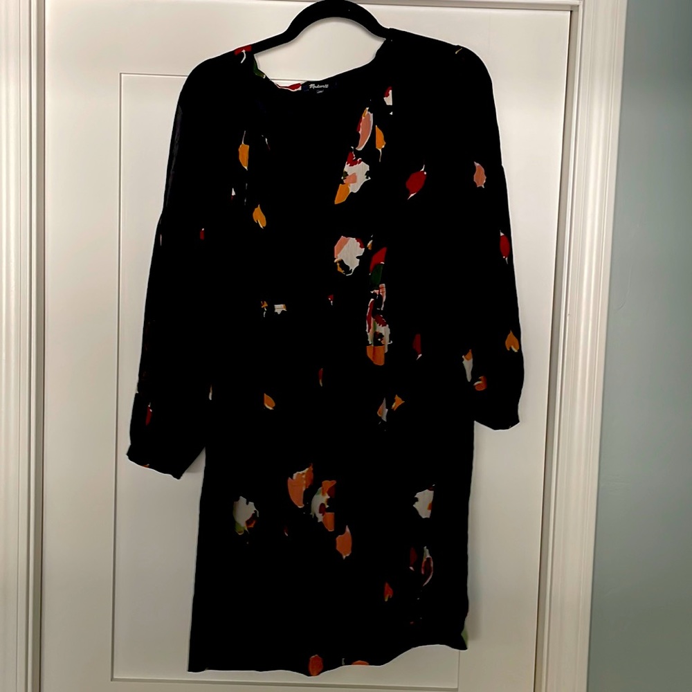 Tie neck dress with sheer sleeves